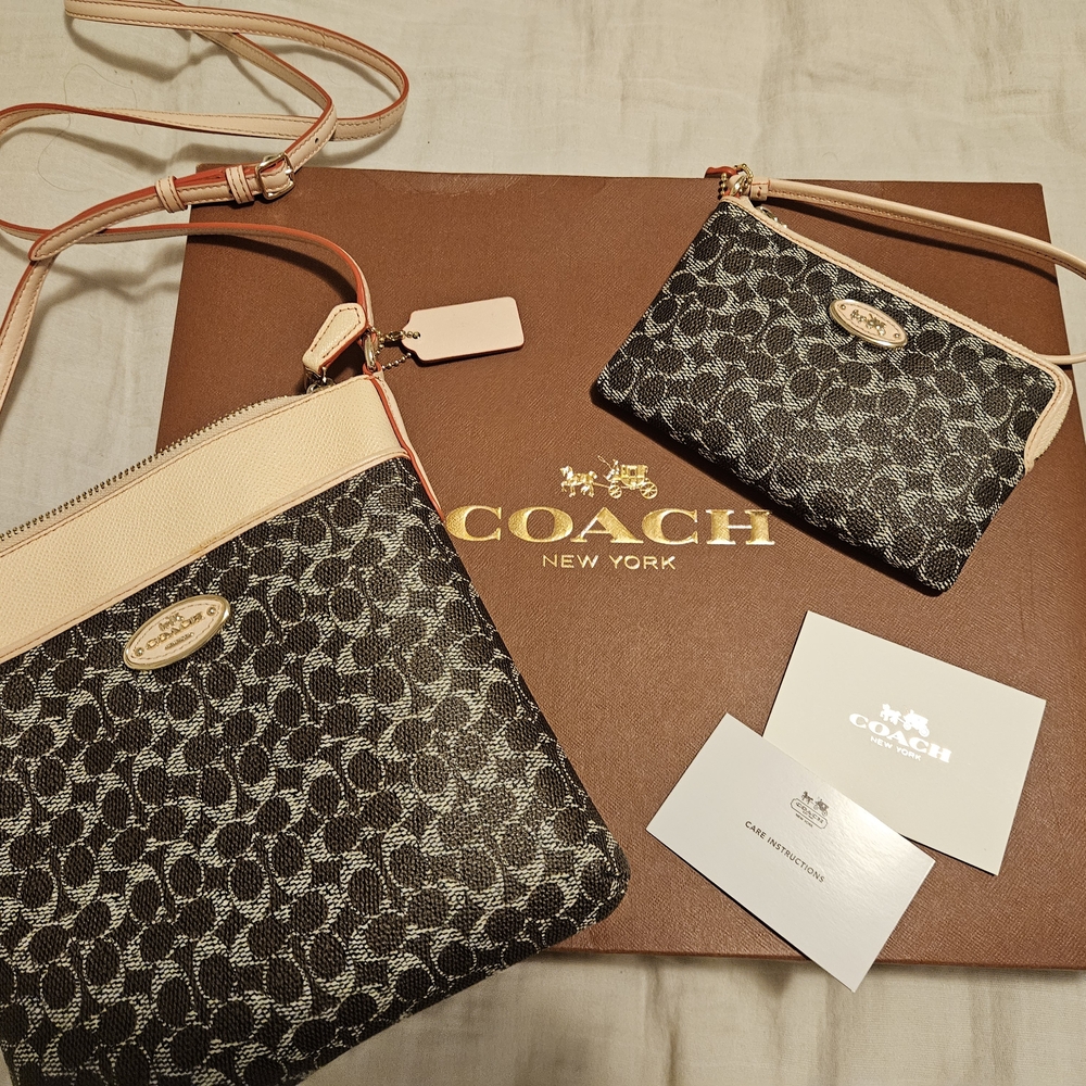Coach Signature Brown and Cream Crossbody Bag Set